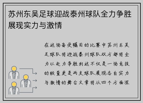 苏州东吴足球迎战泰州球队全力争胜展现实力与激情